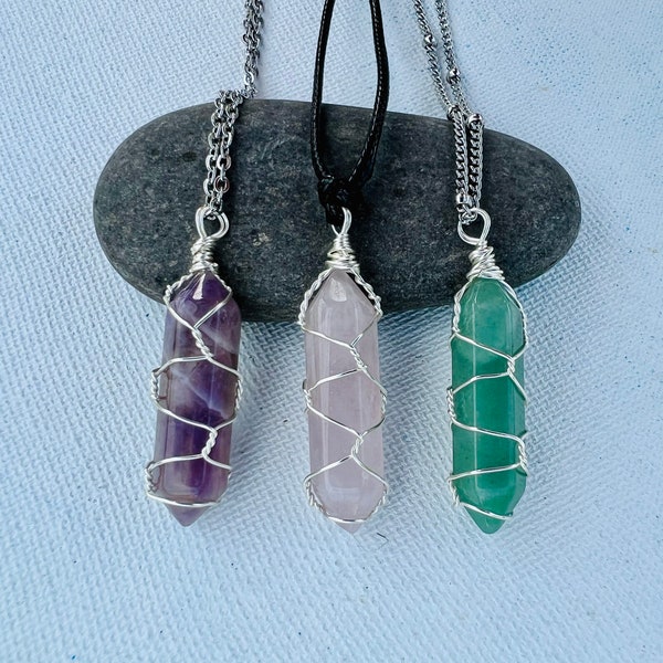 Crystal necklace, wire wrapped point, Amethyst, Rose quartz,  green aventurine, silver chain, black cord choker, men’s crystal pendant stone