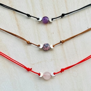 Crystal choker with crescent moon phase, black adjustable cord necklace, amethyst rhodonite rose quartz, boho healing energy mens or womans