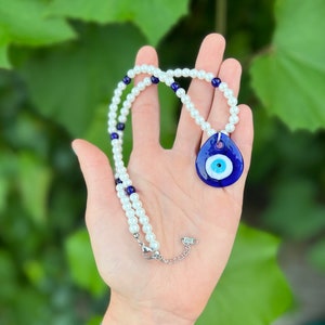 Evil eye necklace, pearl necklace, beaded necklace, evil eye jewelry, evil eye choker