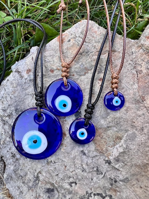 Large Small Evil eye pendant necklace, black adjustable cord, long or choker, mens womans, blue glass nazar, dainty round pendant protection