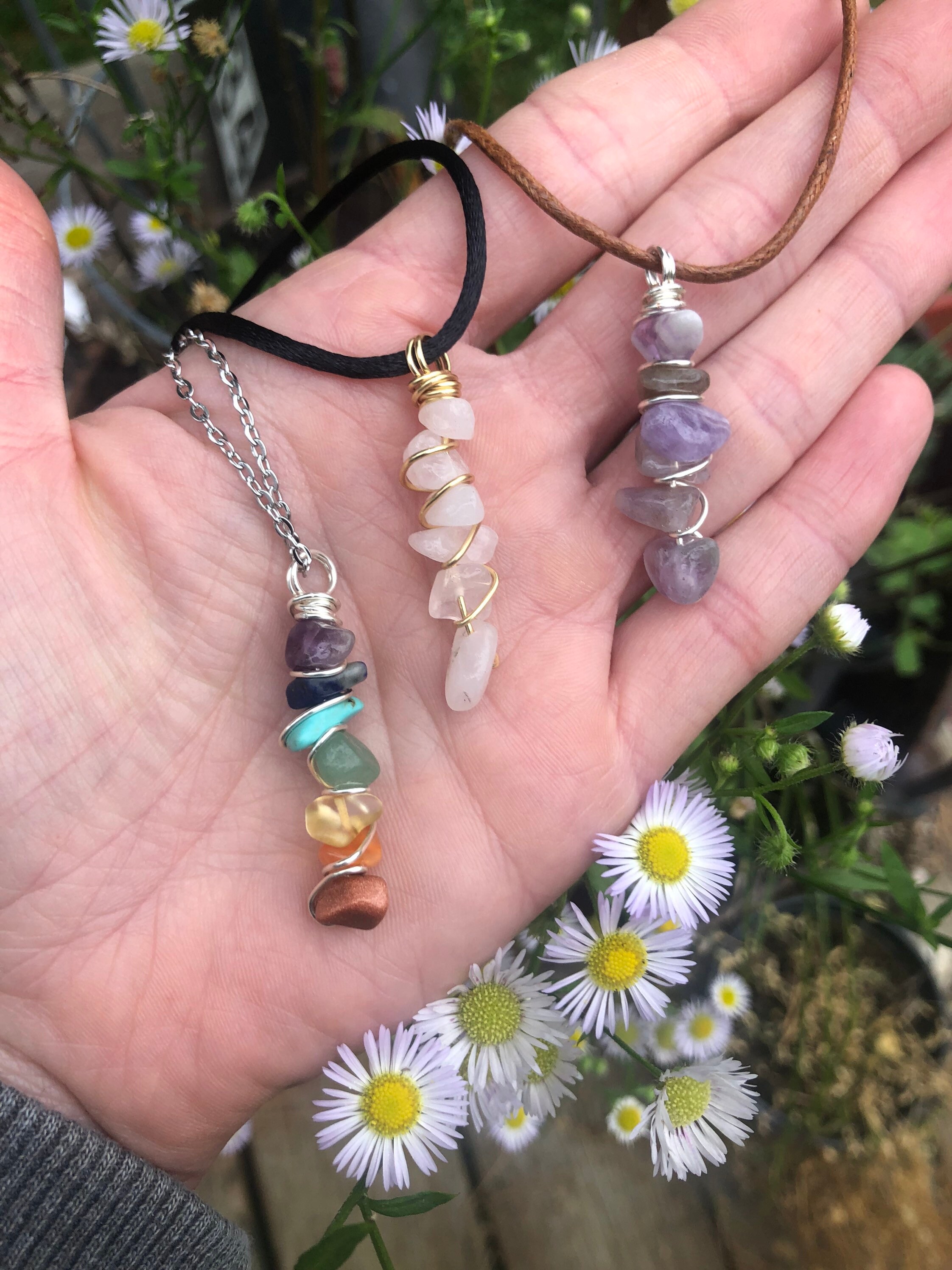 7 Chakra Crystal Necklace Amethyst Rose Quartz Small Dainty Silver