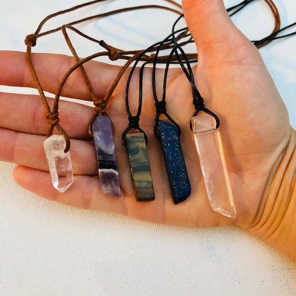 Mens crystal necklace Lapis lazuli Rose quartz tigers eye amethyst stone choker, adjustable black cord vegan, surfer boho, healing energy