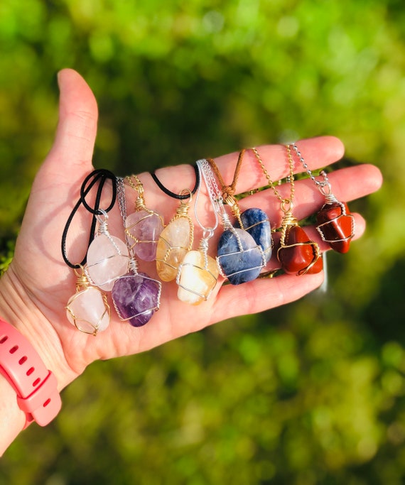 Wire Wrapped Crystal Pendant Necklace, Rose Quartz Citrine Amethyst  Carnelian Aventurine Jasper Black Cord Adjustable, Silver Gold Chain, 