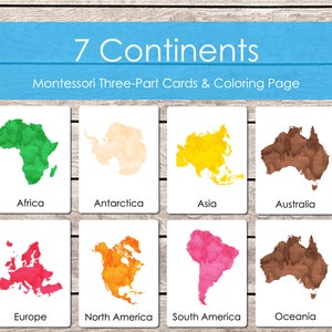 7 Continents Montessori Three Part Cards, Continents Flashcards, Nomenclature Cards, Watercolor Cards, Homeschool Learning, Coloring Page