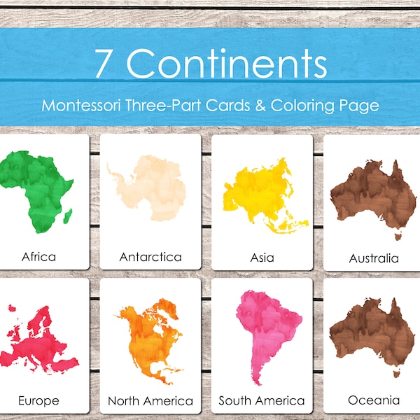 7 Continents Montessori Three Part Cards, Continents Flashcards, Nomenclature Cards, Watercolor Cards, Homeschool Learning, Coloring Page