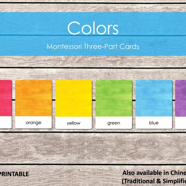 Colors Montessori Three Part Cards, Colours Flashcards, Nomenclature Cards, Watercolor Language Cards, Homeschool Learning, Instant Download