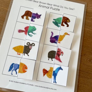 May include: A printable educational game for kids featuring a brown bear, a cat, a frog, a duck, a sheep, a rooster, a fish, and a horse. The game is titled "Brown Bear Brown Bear What Do You See? Animal Puzzle".