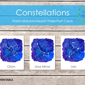 Constellations Astronomy Flashcards, Montessori Three-Part Cards, Nomenclature Cards, Educational Material, STEM Space Printable Flashcards