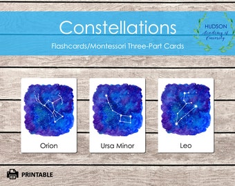 Constellations Astronomy Flashcards, Montessori Three-Part Cards, Nomenclature Cards, Educational Material, STEM Space Printable Flashcards