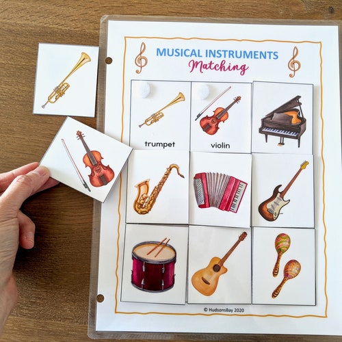 Musical Instrument Matching PRINTABLE BUSY BOOK Worksheet, Preschool Learning Binder File Folder Game, Homeschool Learning, Instant Download