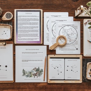 May include: A set of printable educational materials for learning about constellations. The set includes worksheets, star charts, and a constellation activity. The materials are printed on white paper and feature black and white illustrations.