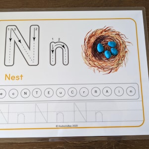May include: A printable worksheet for learning the letter N. The worksheet includes a dotted line tracing guide for the uppercase and lowercase letter N, a picture of a nest with blue eggs, and a word search for the letter N. The text "Nest" is printed below the letter tracing guide. The text "HudsonsBay 2020" is printed in the bottom right corner of the worksheet.