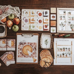 May include: A set of educational Montessori-style learning materials for children. The set includes a pie chart, fraction cards, a pie chart puzzle, a plant matching game, and a plant shelf matching game. The materials are laid out on a wooden table.