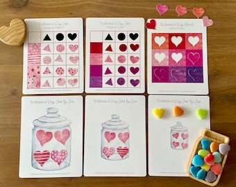 Valentine's Day Sorting Activities Bundle, Size Sorting, Color Sorting, Pattern Sorting, Toddler Busy Book Printable, Homeschool Learning