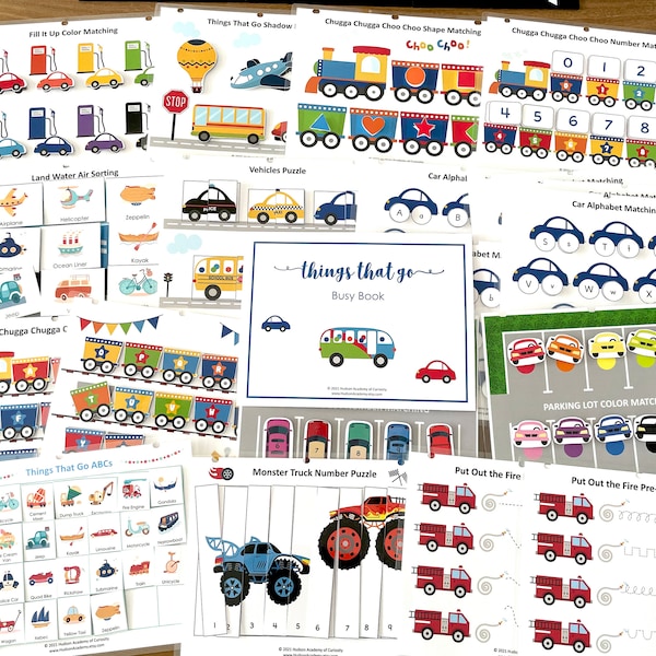 Things That Go Busy Book, Cars Trucks Vehicles Toddler Printable Busy Book, File Folder Game, Learning Binder, Early Learning Worksheets