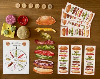 Build-A-Burger Printable Activity: Fun and Educational Cooking Game for Kids with Ingredient Cards and Spinner Wheel, Toddler Busy Book Page