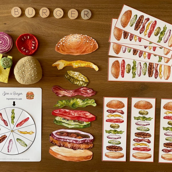 Build-A-Burger Printable Activity: Fun and Educational Cooking Game for Kids with Ingredient Cards and Spinner Wheel, Toddler Busy Book Page