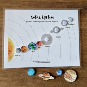 May include: A white card with the words "Solar System" and "planet sort by distance from the sun" printed on it. The card shows a diagram of the solar system with the sun, Mercury, Venus, Earth, Mars, Jupiter, Saturn, Uranus, and Neptune. There are small, round, felt circles that can be placed on the card to represent the planets.
