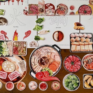 Peut inclure: Un ensemble de cartes illustrées colorées représentant divers ingrédients et composants d'un repas de fondue chinoise. Les cartes comprennent des images de légumes, de viande, de nouilles, de boulettes et d'autres ingrédients, ainsi qu'une fondue chinoise elle-même. Les cartes comprennent également des caractères chinois et des traductions anglaises des mots "feu" et "fondue chinoise".