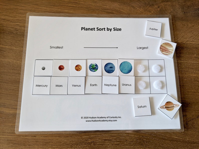 May include: A printable educational activity for kids to learn about the planets in our solar system. The activity includes a chart with the names of the planets and a set of cards with images of the planets. The cards are labeled with the names of the planets and can be sorted by size from smallest to largest. The activity is titled "Planet Sort by Size".