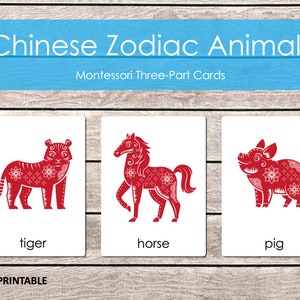Chinese Zodiac Animals Printable, Montessori Materials Printable, Lunar New Year, Three Part Cards, Nomenclature Cards, Homeschool Learning