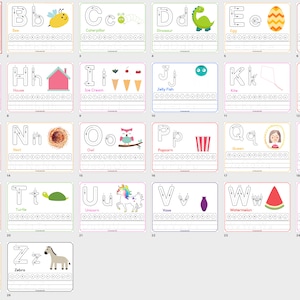 May include: A printable alphabet tracing worksheet with colorful illustrations for each letter. The worksheet features a variety of animals, objects, and foods, such as an apple, bee, caterpillar, dinosaur, egg, and a ladybug.