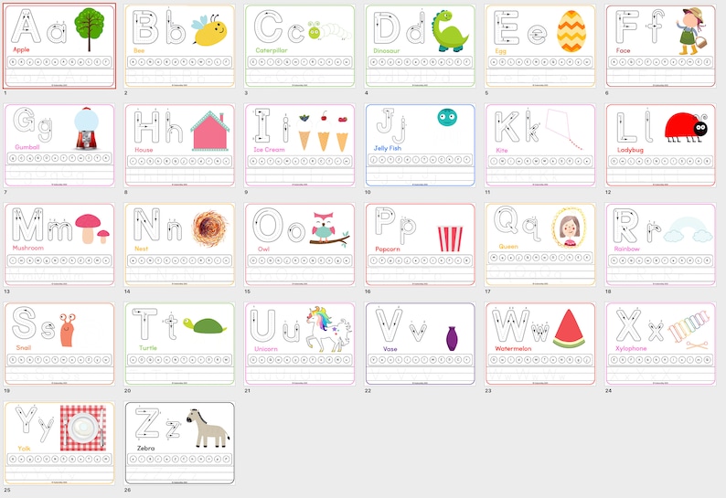 May include: A printable alphabet tracing worksheet with colorful illustrations for each letter. The worksheet features a variety of animals, objects, and foods, such as an apple, bee, caterpillar, dinosaur, egg, and a ladybug.