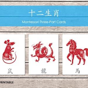 Chinese Zodiac Animals Printable, Montessori Materials Printable, Lunar New Year, Three Part Cards, Nomenclature Cards, Chinese Flashcards