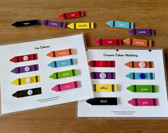 May include: Two laminated learning cards for children to match colors. The first card has the Spanish words for colors and the second card has the English words for colors. Both cards have colorful crayon shapes with matching color circles.