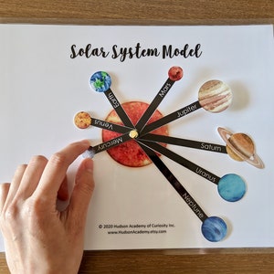May include: A white cardstock solar system model with a red, orange, and yellow sun in the center. The planets are attached to the sun with black sticks and are labeled with their names: Mercury, Venus, Earth, Mars, Jupiter, Saturn, Uranus, and Neptune. The planets are painted in watercolor and have a realistic appearance.