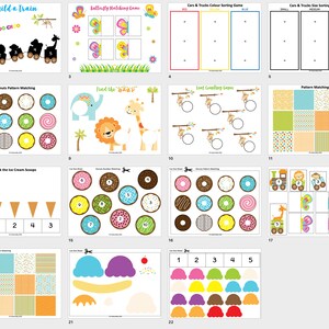 May include: A printable toddler busy book with 22 pages of activities, including number matching, pattern matching, counting, and color matching. The pages feature colorful illustrations of animals, trains, ice cream cones, and buttons.