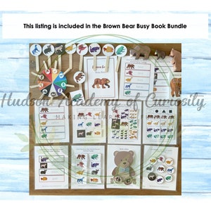 May include: A set of educational busy book pages featuring a brown bear theme. The pages include activities such as animal counting, color matching, and shape recognition. The pages are designed to help children learn about animals, colors, and shapes.