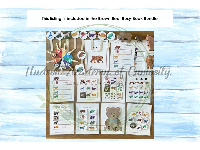 May include: A set of educational busy book pages featuring a brown bear theme. The pages include activities such as animal counting, color matching, and shape recognition. The pages are designed to help children learn about animals, colors, and shapes.
