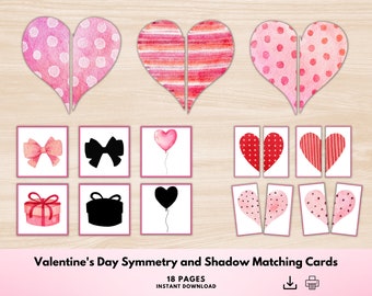 Valentine's Day Hearts Symmetry Cards, Valentine's Day Shadow Matching Cards, Montessori Materials Printable, Toddler Matching Printable