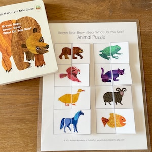 May include: A printable educational game for children featuring a brown bear, a frog, a bird, a cat, a duck, a sheep, a horse, and a fish. The game is titled "Brown Bear Brown Bear What Do You See? Animal Puzzle".