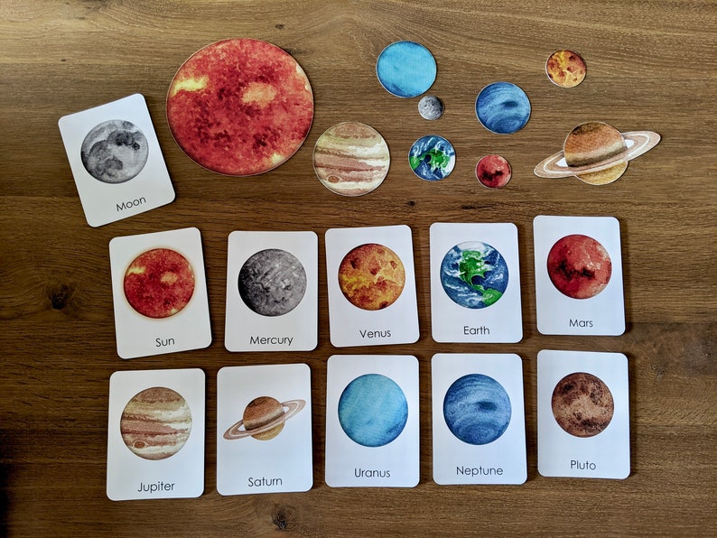 May include: A set of 10 watercolor cards featuring the planets of our solar system, including the sun, moon, Mercury, Venus, Earth, Mars, Jupiter, Saturn, Uranus, Neptune, and Pluto. Each card has a watercolor illustration of the planet and its name printed below.