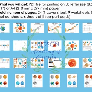 May include: A printable solar system educational resource with 24 pages, including a cover sheet, worksheets, cut-out sheets, and three-part cards. The pages feature watercolor illustrations of planets and the text "HUDSON Academy of Curiosity".