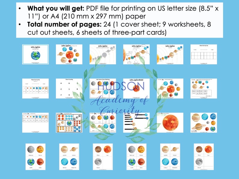 May include: A printable solar system educational resource with 24 pages, including a cover sheet, worksheets, cut-out sheets, and three-part cards. The pages feature watercolor illustrations of planets and the text "HUDSON Academy of Curiosity".