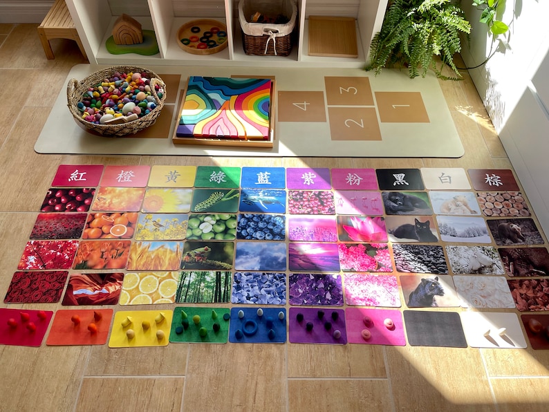 May include: A set of color recognition cards with images of various objects and a set of color-coded wooden blocks. The cards are labeled with Chinese characters for each color: red, orange, yellow, green, blue, purple, pink, black, white, and brown.