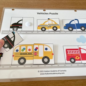 Toddler Busy Book Page, Vehicle Puzzle Car Puzzle, Things That Go Learning Binder, Activity Worksheets, Educational Game, Instant Download