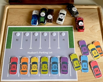 Personalized Name Matching, Name Spelling, Vehicles, Car Parking Lot, Learning Binder for Preschool, Gift for Kids, Pre-K and K Homeschool