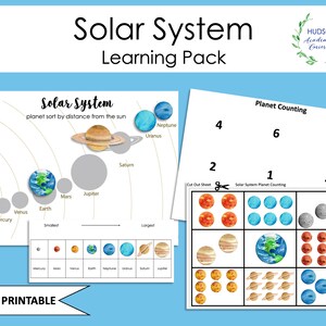 May include: Printable solar system learning pack with a colorful illustration of the planets and a counting activity. The pack includes a cut-out sheet with images of the planets for counting.