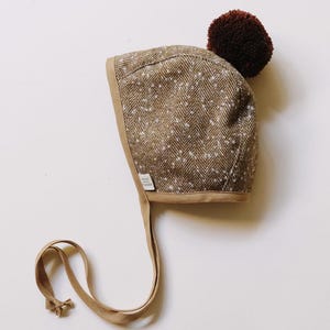 Japanese Wool Baby Bonnet, Tweed Pom Pom Hat, Unisex Winter Warmth