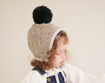 Wool bonnet Pom Pom bonnet Linen Baby Bonnet Winter Hat Bonnet