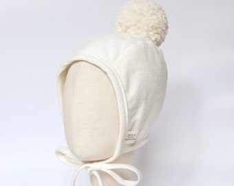 White Creamy Baby Fleece Bonnet Winter Fleece Bonnet Baby Bonnet Pom Pom Bonnet Unisex Baby Bonnet