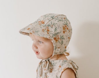 Neutral Floral Baby Bonnet Cotton Linen Bonnet Girls Sun Bonnet Baby Sunbonnet Baby Shower Gift Summer Baby Hat Baby Holiday Bonnet
