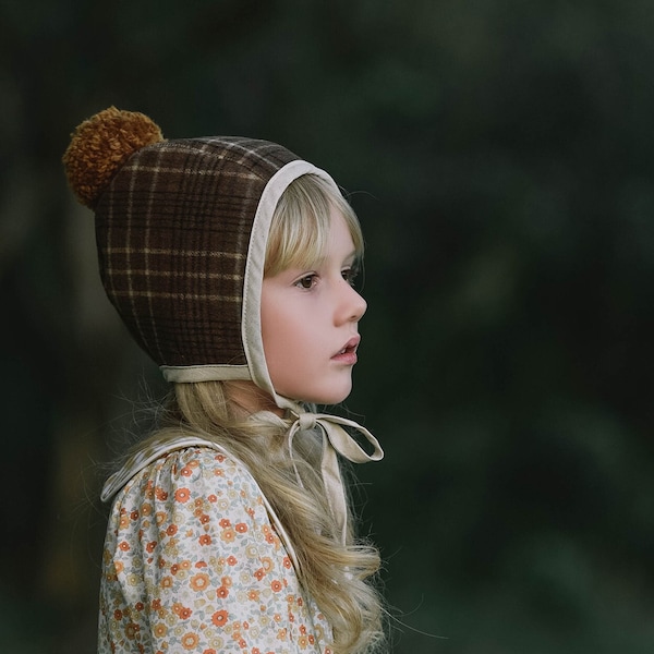 Baby Wool Pom Pom Bonnet Baby Wool Winter Bonnet Brown Wool Bonnet Winter Baby Hat