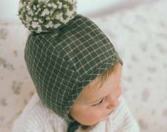 Baby Cotton Wintery Pom Pom Bonnet, Japanese Cotton Bonnet, Pom Pom Bonnets, Sage Baby Bonnets