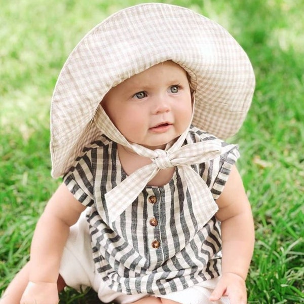 100% Linen Pure Linen Hat Baby Sun Hat Linen Kids Hat Wide Brim Linen Sun Hat Gingham Sun Hat Unisex Line Hats for kids