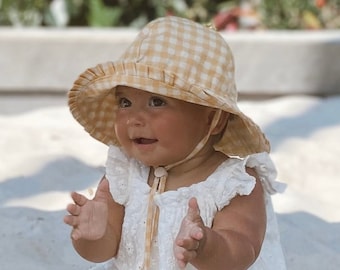 Kids Baby Summer Sun Hat Pleated Cotton Yellow Gingham Kids Sun Hat - Joyful Sun